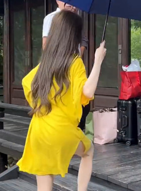 网红白富美花三三同款 亮黄色中款显白宽松开叉七分袖连衣裙