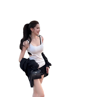 网红女神花三三同款 白色镂空吊带背心牛仔毛边短裤黑色衬衣套装