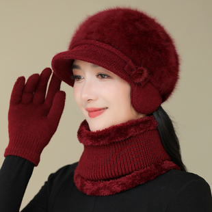 冬天帽子女士厚兔毛姥姥针织老太太妈妈加绒保暖帽奶奶冷帽毛线帽