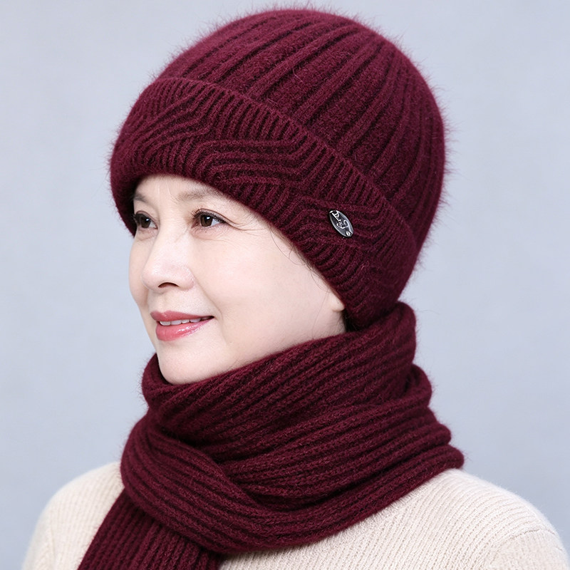 帽子女冬季妈妈加绒厚针织套头毛线帽中老年人老太太防寒护耳冬帽