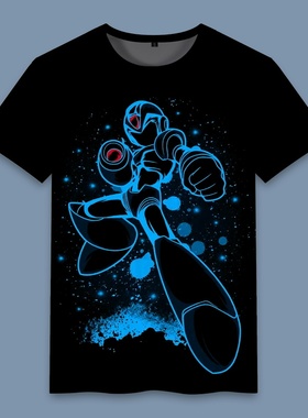 二次元cos游戏洛克人Rockman联名短袖T恤宽松大童衣服青少年夏季