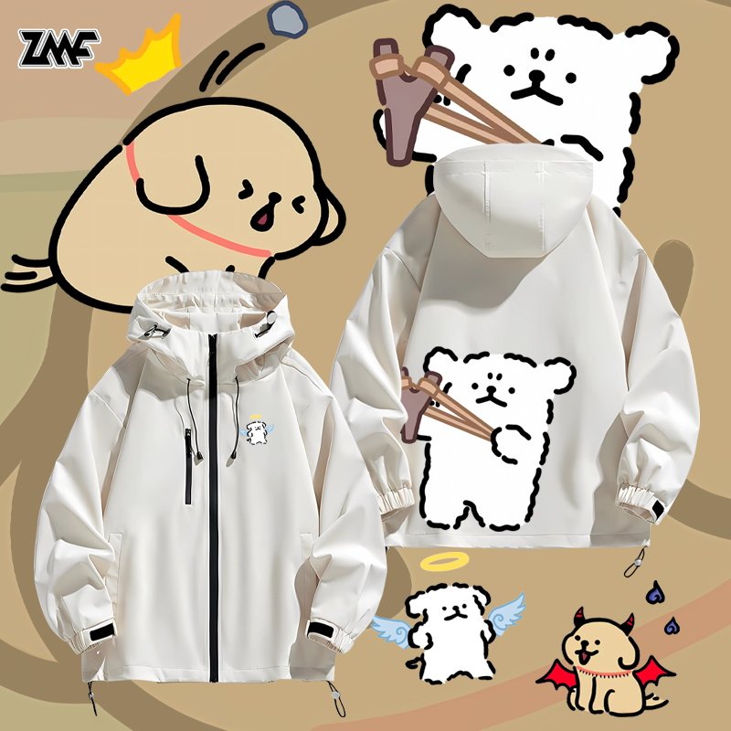 手绘马尔济斯线条狗简笔画宽松夹克外套春秋季男潮衣服冲锋衣开衫