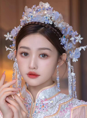 中式新娘发饰古装凤冠前后冠蓝色琉璃水晶饰品秀禾服结婚头饰套装