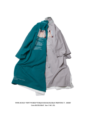 TNPE“新话”绿松石蓝/浅灰色假两件印花日系休闲复古男女纯棉T恤