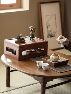 桌面收纳盒茶具置物架展示柜高档防尘带盖茶杯茶壶分格木质储物柜