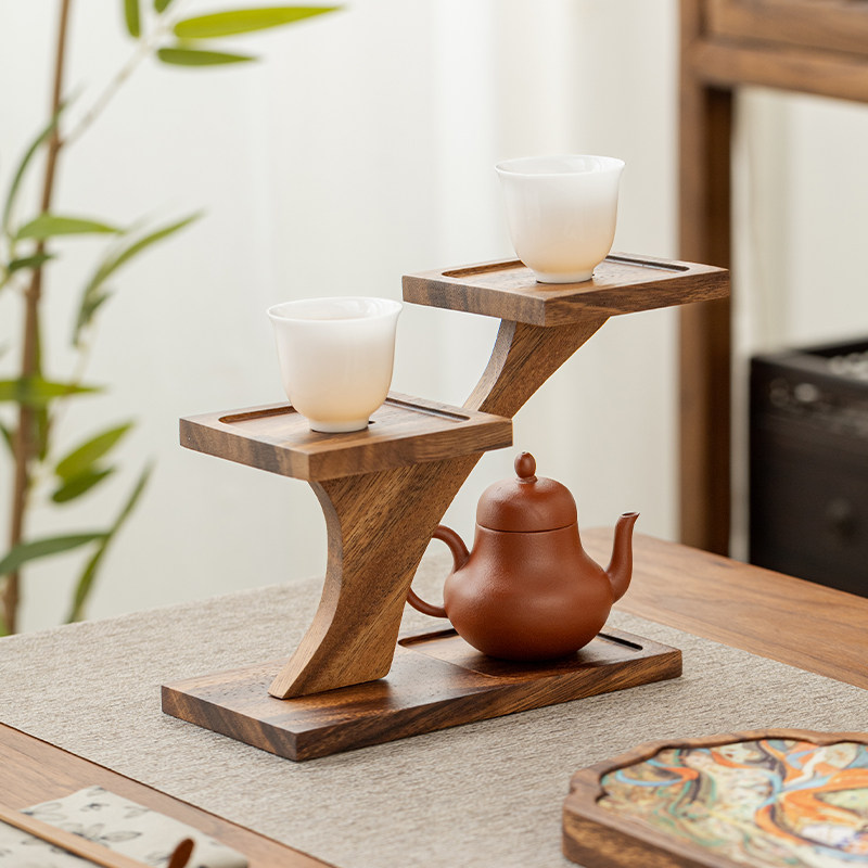 桌面实木茶杯架紫砂壶展示架新中式杯托置物架胡桃木茶具收纳层架