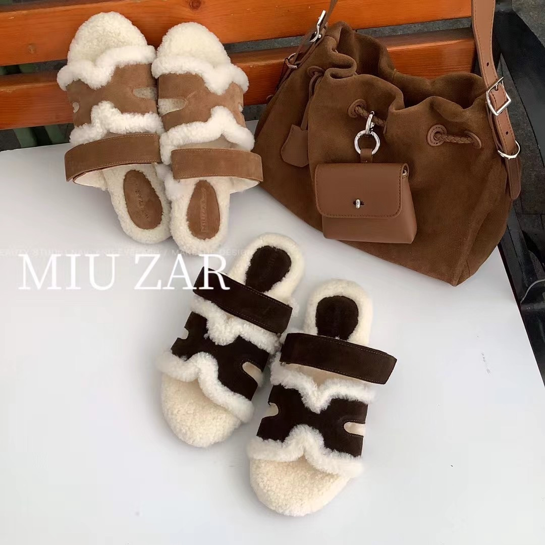 妙莎miuzar女鞋欧货2025秋季新款真皮毛一体魔术贴工字外穿毛毛拖