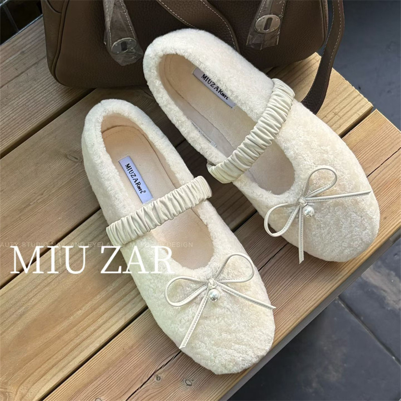 妙莎MIUZAR女鞋2026冬季新款小香风毛拖蝴蝶结玛丽珍棉瓢豆豆鞋