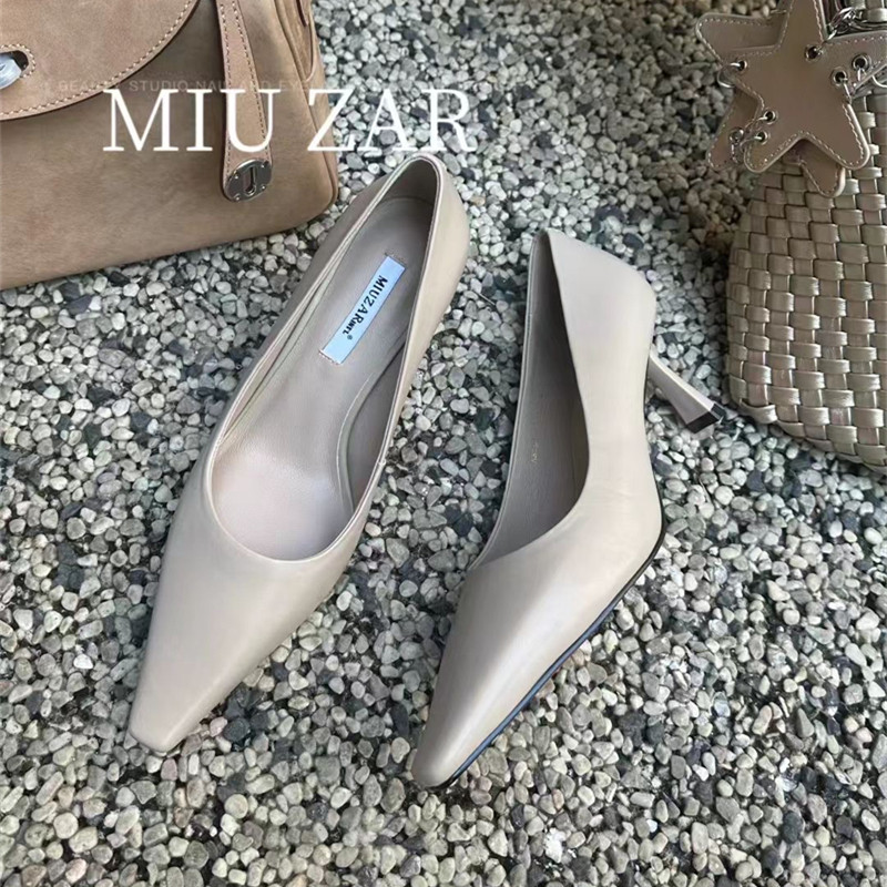 妙莎MIUZAR女鞋2026春夏新款真皮小方头高跟鞋浅口纯色单鞋瓢鞋
