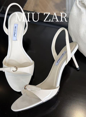 妙莎MIUZAR女鞋2026春夏新款漆皮露趾凉鞋真皮高跟鞋细跟纯色
