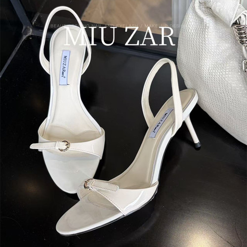 妙莎MIUZAR女鞋2026春夏新款漆皮露趾凉鞋真皮高跟鞋细跟纯色