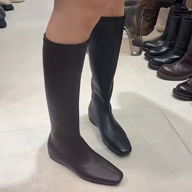 妙莎MIUZAR女鞋2026秋新款弹力超纤皮瘦瘦靴一脚蹬筒靴高筒骑士靴