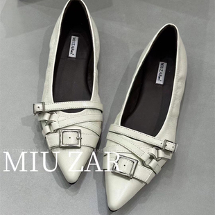 妙莎MIUZAR女鞋2026春夏新款平底尖头瓢鞋真皮潮牌搭扣设计款单鞋