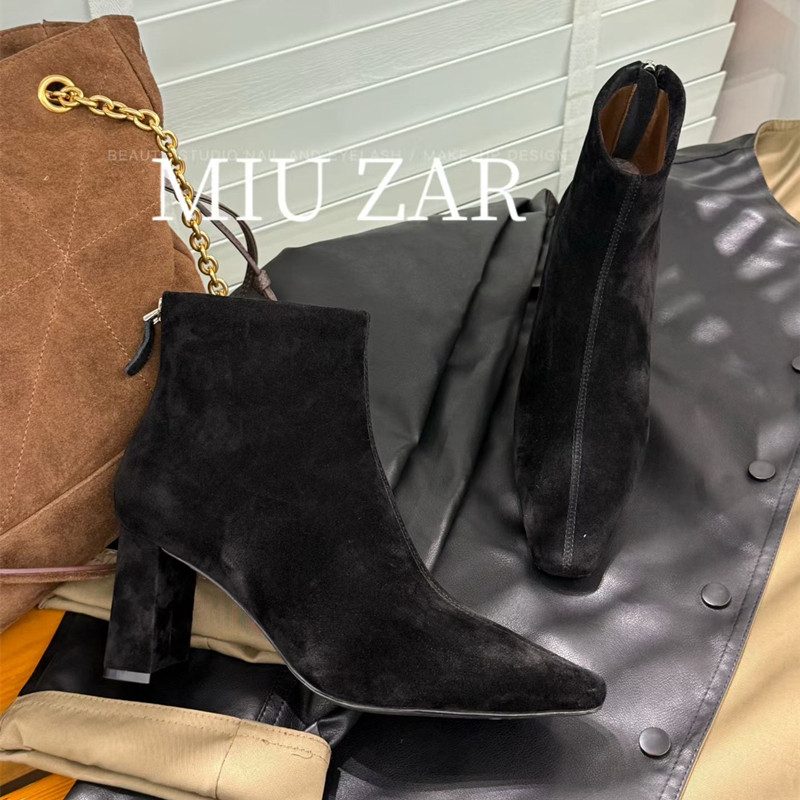 妙莎miuzar真皮方跟方头高跟短靴