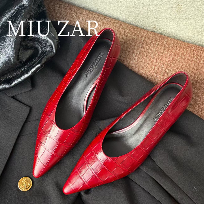 妙莎MIUZAR女鞋2026秋季新款石头纹牛皮高跟鞋尖头瓢鞋小粗跟单鞋