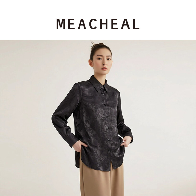MEACHEAL米茜尔2026秋季新款100%桑蚕丝铬黑色暗纹提花长袖衬衫图片