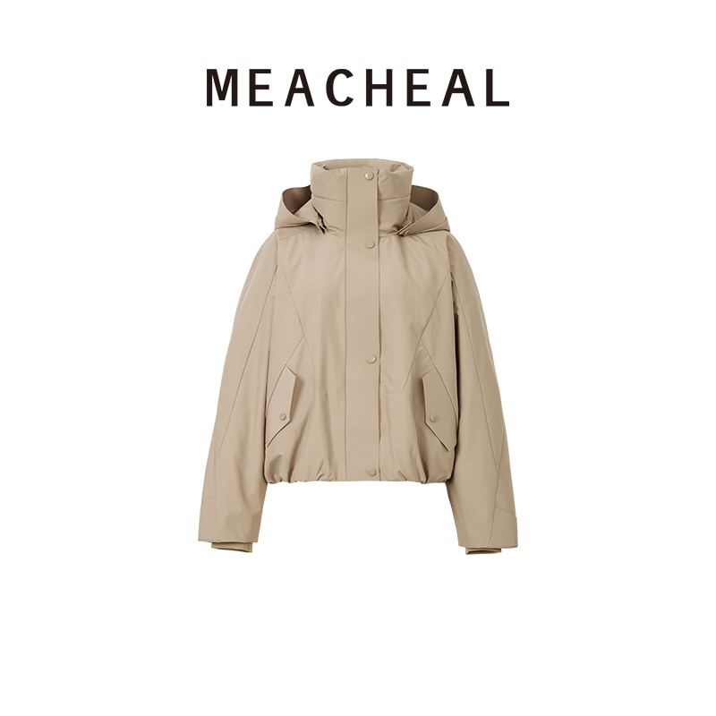 MEACHEAL 2025冬季新款短款90鹅绒服连帽卡其色保暖羽绒服外套
