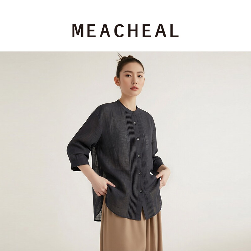 MEACHEAL米茜尔2026秋季新款纯苎麻铬黑色微透衬衣圆领压褶上衣图片