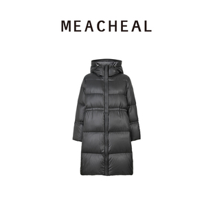 MEACHEAL2025冬季新款中长款收腰90鹅绒服黑色亮面连帽羽绒服女