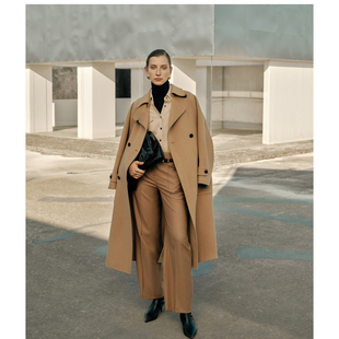 MEACHEAL米茜尔冬季 浅棕茶色羊毛真丝双面毛呢大衣 新款