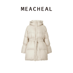 收腰90鹅绒服米白亮面连帽羽绒服 中长款 MEACHEAL2025冬季 新款