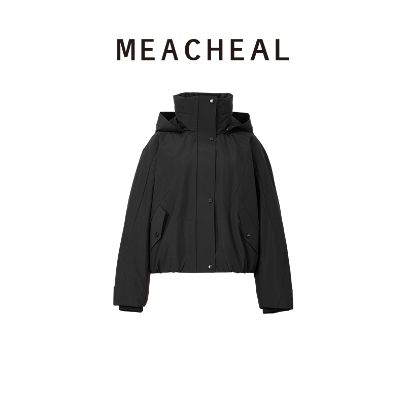 MEACHEAL 2025冬季新款短款90鹅绒服连帽黑色保暖纯色羽绒服外套