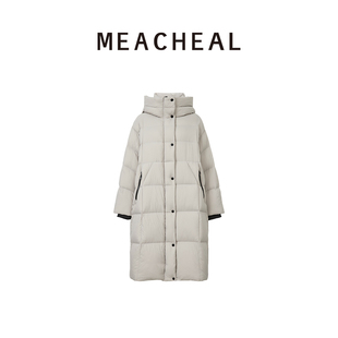 MEACHEAL2025冬季新款中长款连帽95白鸭绒保暖舒适浅灰色羽绒服