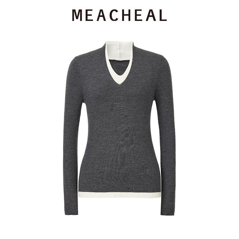 MEACHEAL 2025冬季新款绵羊毛假两件V领毛衣深灰色针织打底衫