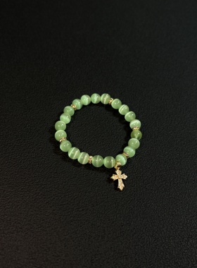 小心袖口 vintage中古绿猫眼十字架手链串珠复古简约手串男女配饰