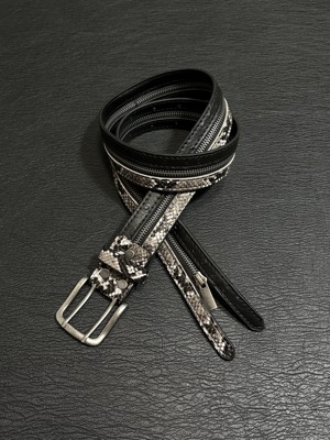 小心袖口 Vintage中古蟒蛇纹拉链拼皮腰带重工双环扣稀有皮带配饰