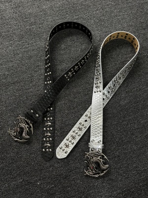 小心袖口 Vintage中古红眼飞龙铆钉皮带腰带复古金属扣头小众配饰