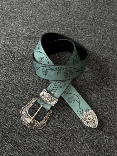 小心袖口 Vintage中古花卉雕花金属扣腰带小众质感通勤复古风皮带