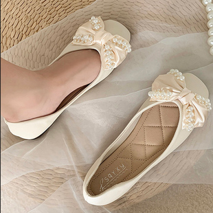 蝴蝶结仙女鞋气质晚晚风温柔单鞋女平底方头浅口瓢鞋百搭大码女鞋