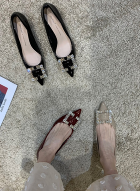 气质尖头水钻单鞋女平底晚晚风温柔鞋百搭浅口瓢鞋软底软皮豆豆鞋