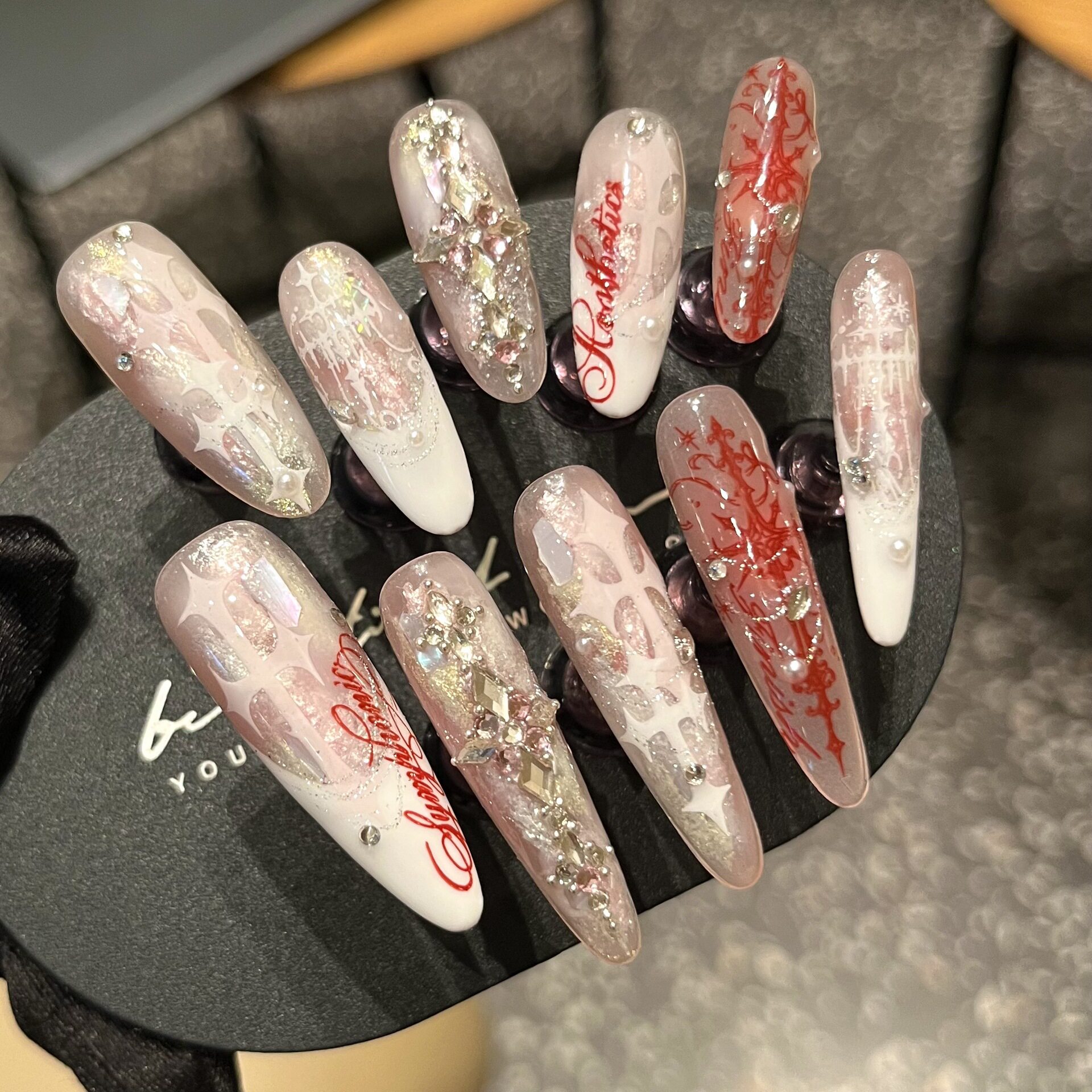 【审判天使】粉白法式十字架纯手工穿戴甲克罗心甜酷辣妹美甲贴片