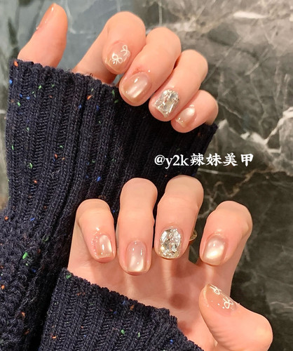 荔枝肉纯手工穿戴甲爆闪玻璃珠猫眼气质温柔纯欲显白美甲贴短款