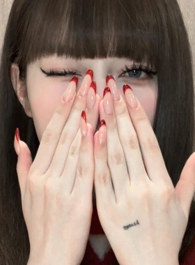 手工美甲红色法式红穿戴甲中长款2025新年款秋冬高级感过年指甲贴