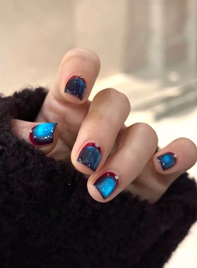 【雾蓝琥珀】手工穿戴甲ins风蓝色玻璃珠猫眼短款法式琥珀美甲贴