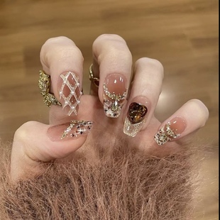 纯手工穿戴甲爆闪千金猫眼格纹高级气质显白美甲贴 菱格小香风