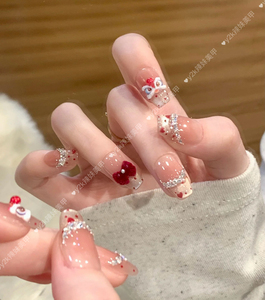 纯手工醒狮新年猫眼穿戴甲爱心安可拉红可爱蝴蝶结高级显白美甲