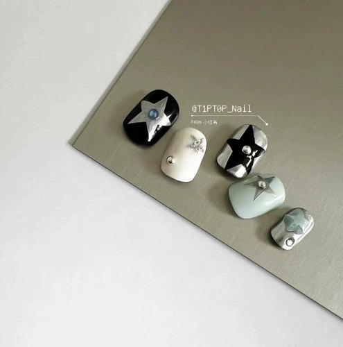 辣妹y2k星星纯手工穿戴甲短款粉蓝撞色美甲成品指甲贴片