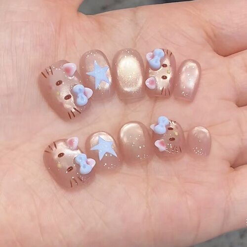 甜心kitty甜辣y2k蝴蝶结猫眼手工穿戴甲粉色多巴胺美甲可爱短款