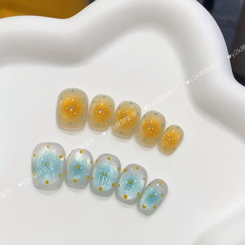 海盐芝士小饼干纯手工穿戴甲蓝黄搭配鸳鸯甲手绘波点猫眼可爱美甲