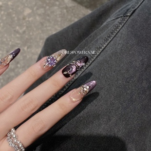 手工穿戴甲黑紫色爆闪猫眼满钻轻奢贵气感显白美甲贴 伯爵夫人