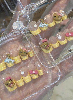 黄色法式格纹黄油kitty猫穿戴甲美甲夏日甜美可爱少女心手工美甲