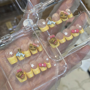 黄色法式格纹黄油kitty猫穿戴甲美甲夏日甜美可爱少女心手工美甲