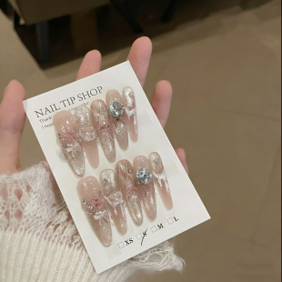 【洛拉可可】手工穿戴甲纯欲爆闪水光感裸色猫眼格纹蝴蝶结美甲贴