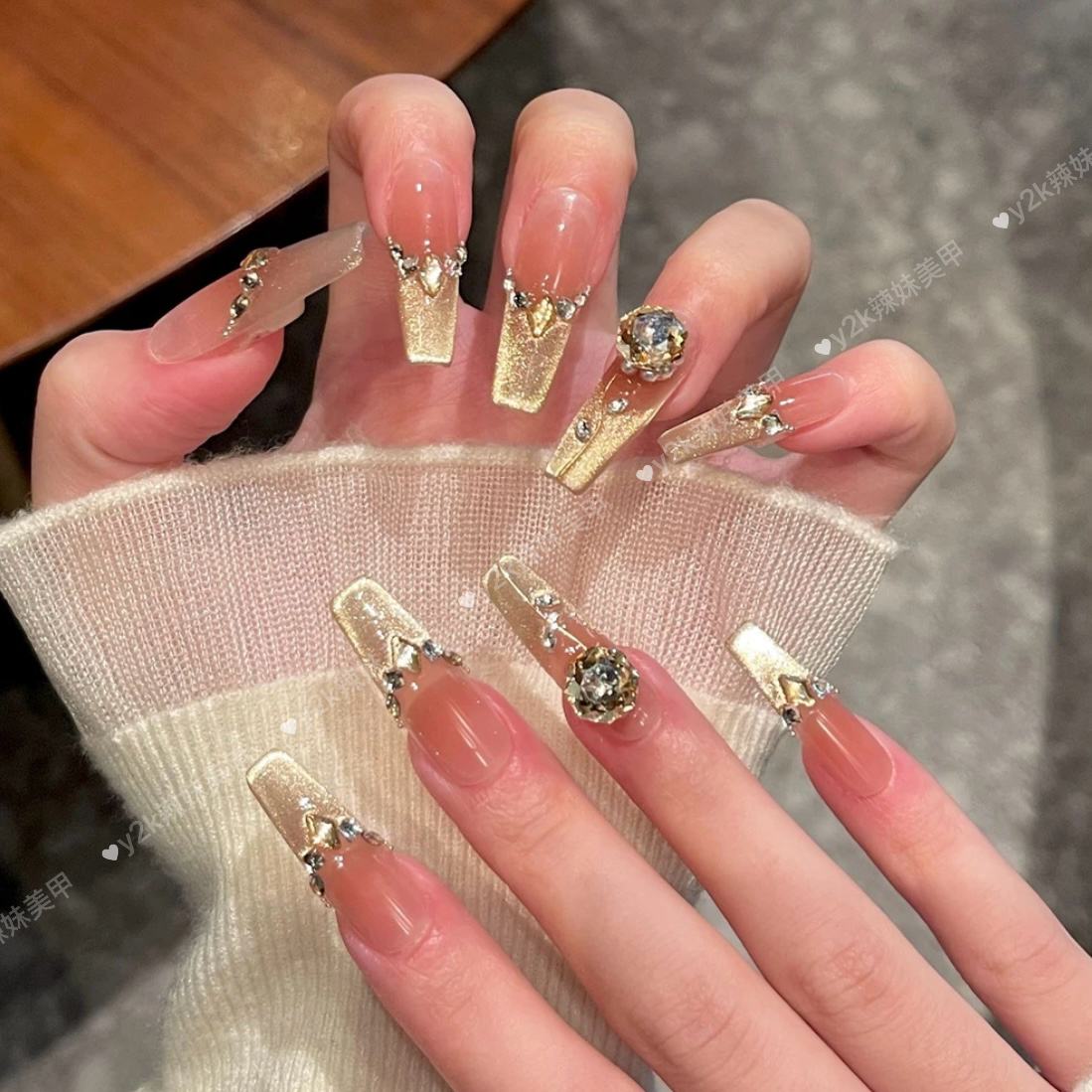 【玫瑰之恋】香槟玫瑰纯手工穿戴甲爆闪法式猫眼美甲高级感显白