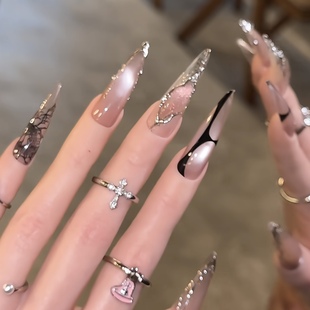 纯手工穿戴甲粉色猫眼手绘不规则条纹暗黑甜酷气质个性辣妹美甲贴