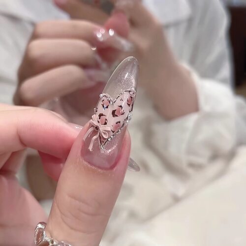 【豹纹丝带】纯手工穿戴甲粉色豹纹蝴蝶结甜酷猫眼轻奢温柔美甲贴